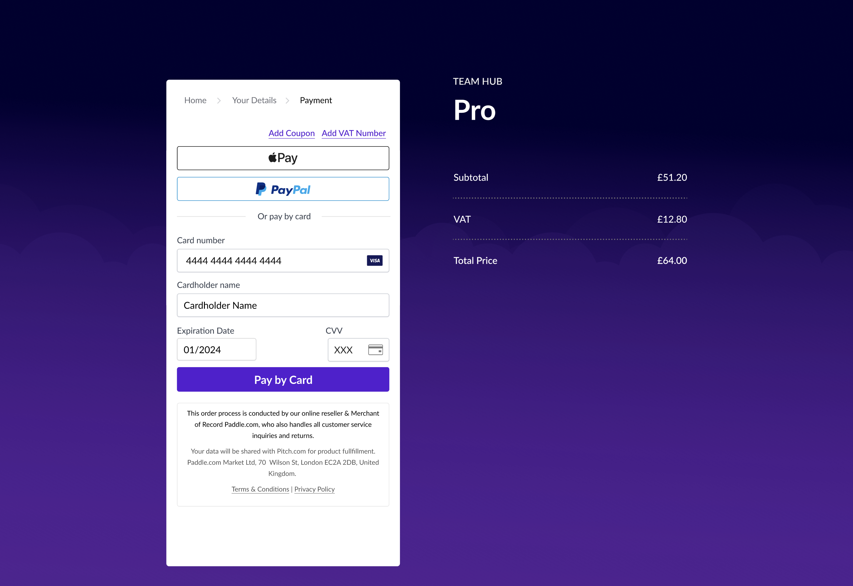 Screenshot of an inline checkout built with Paddle It includes the checkout frame showing payment methods on the right. On the left is a list of items and totals.