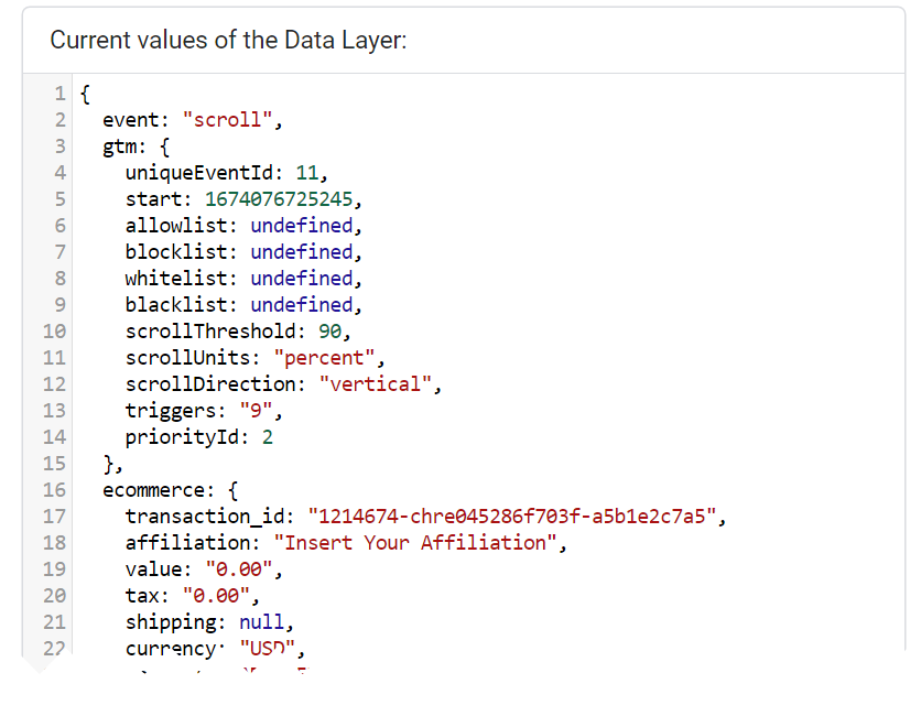 Screenshot of Google Analytics data layer