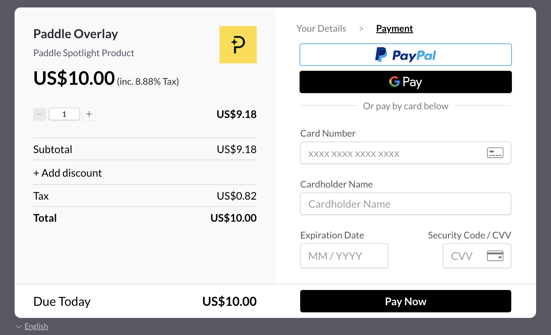 Paddle overlay checkout with a $10 sample transaction and options to pay using PayPal, Google Pay, or card