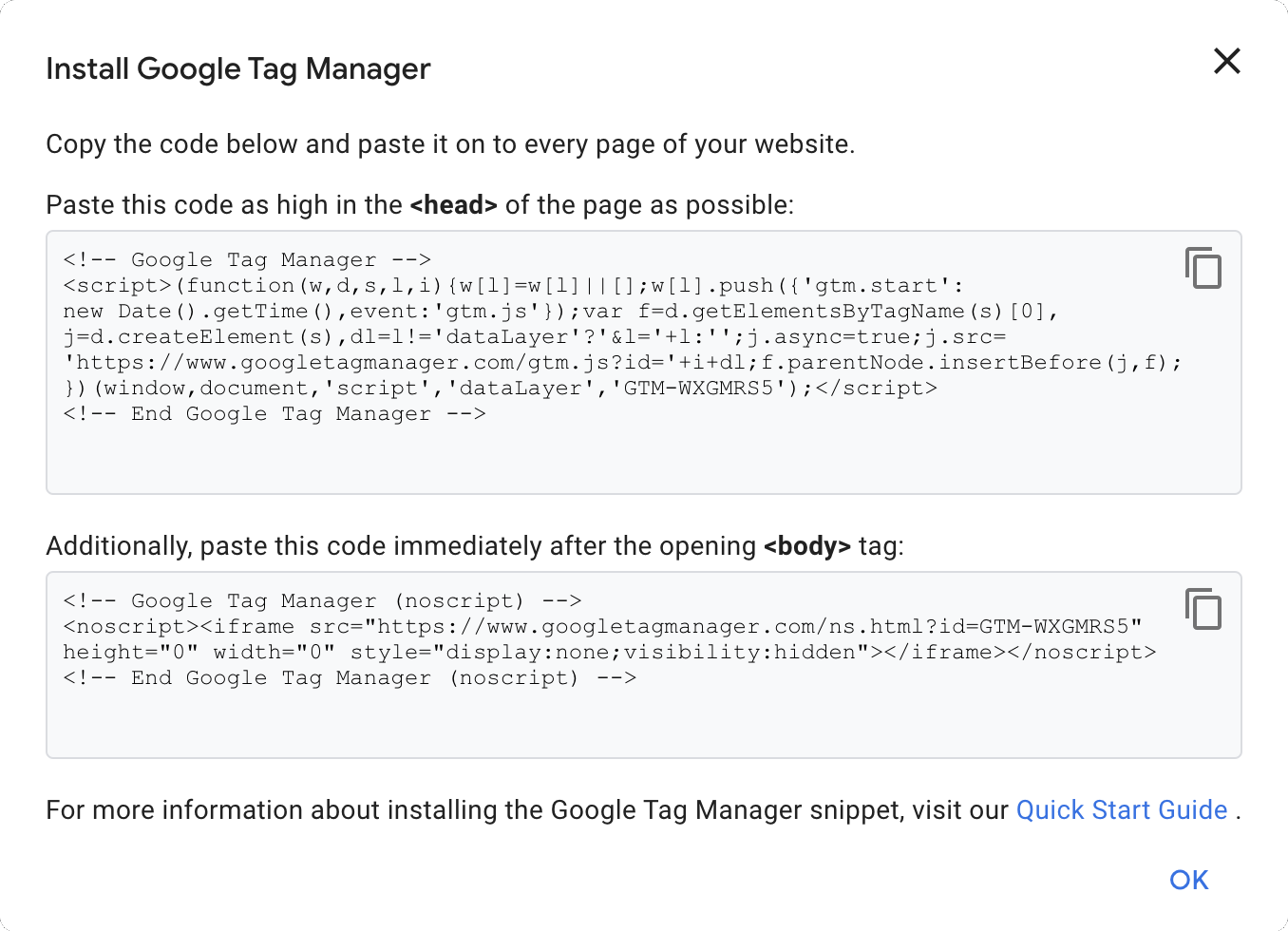 Screenshot of Install Google Tag Manager modal