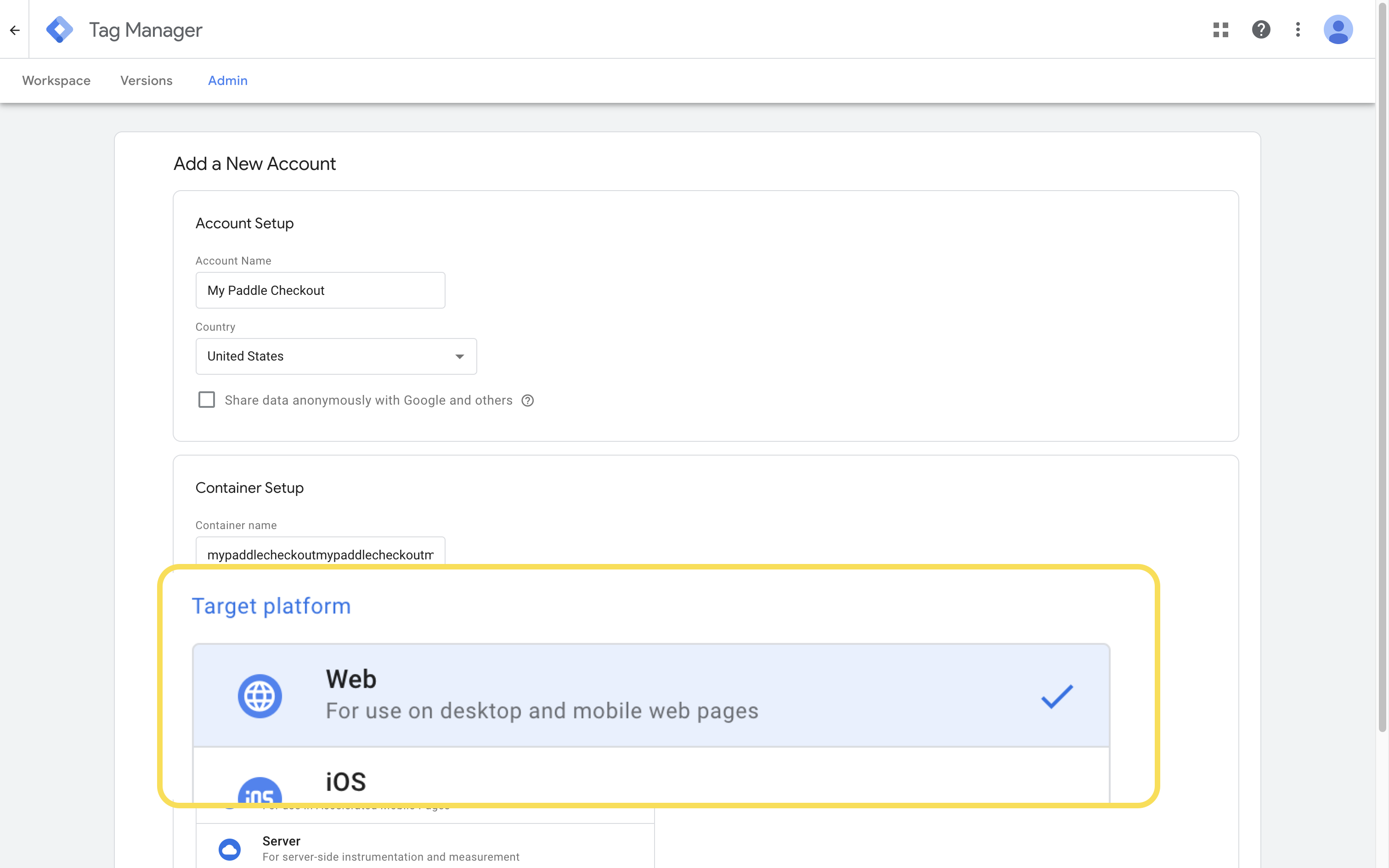 Screenshot showing Google Tag Manager new account screen, calling out web platform